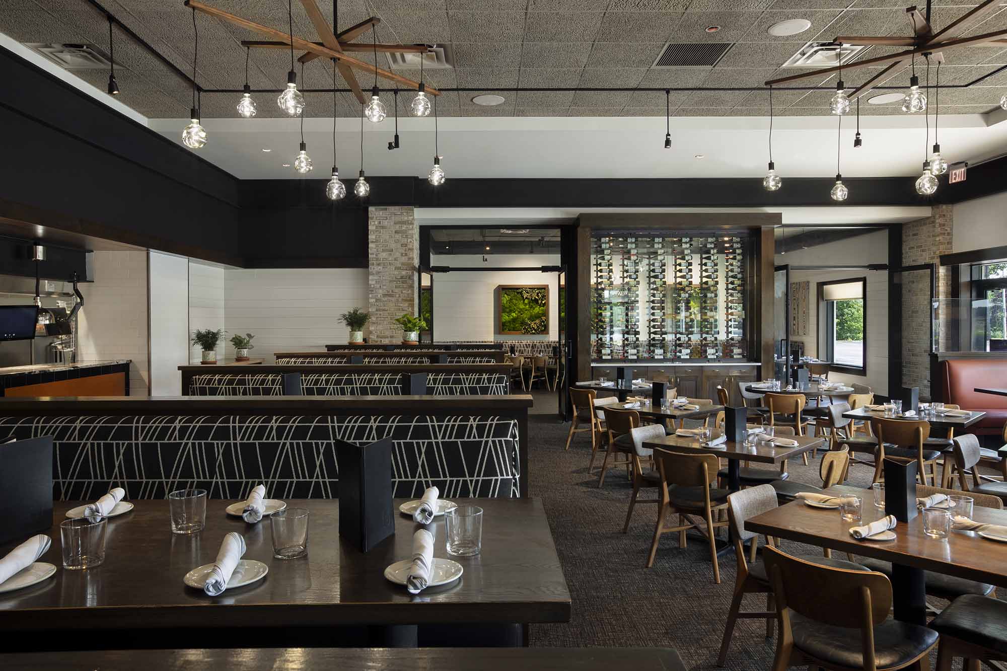 View of the dining room at Burtons Grill in Westford, MA.