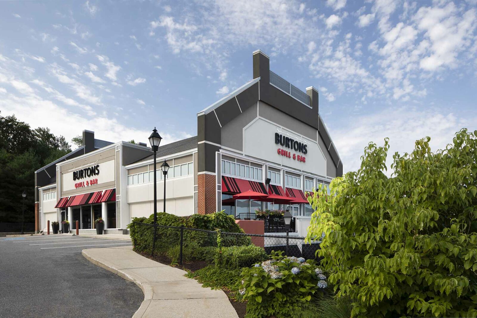 Exterior view of Burtons Grill in North Andover, MA.