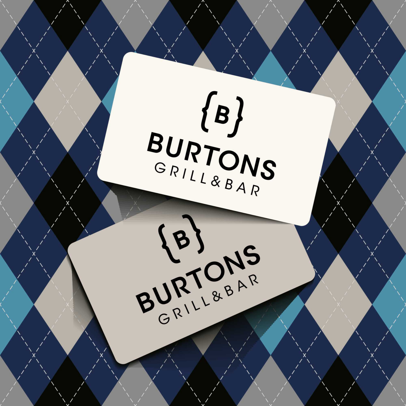 Graphic image of gift cards over an argyle background.
