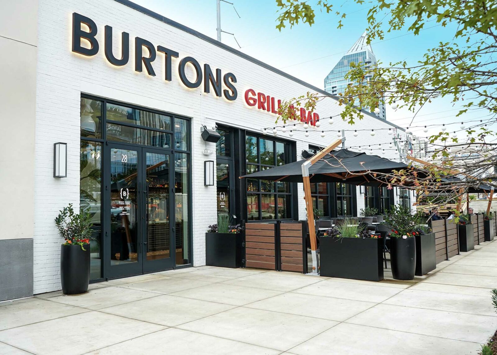 Exterior view of Burtons Grill in Atlanta, GA.