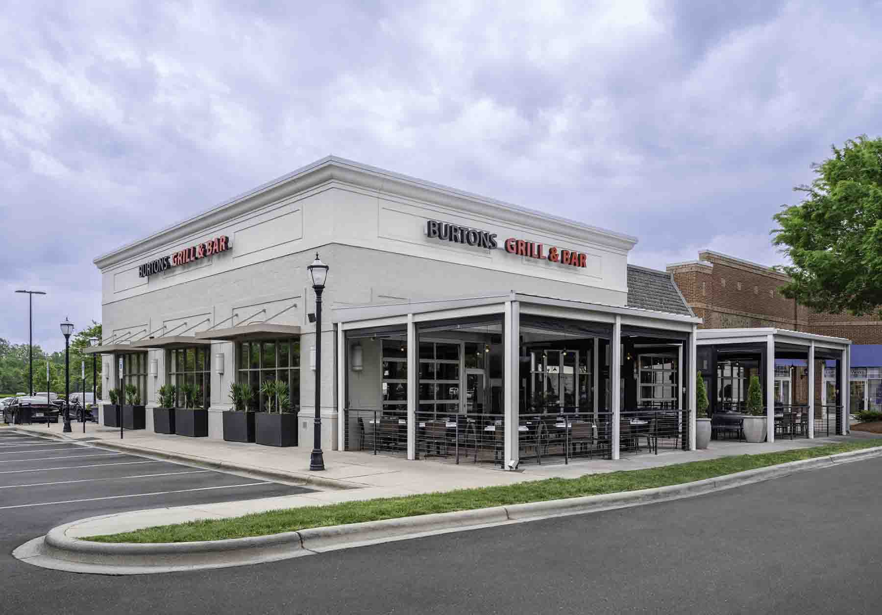 Exterior of Burtons Grill in Blakeney, NC.