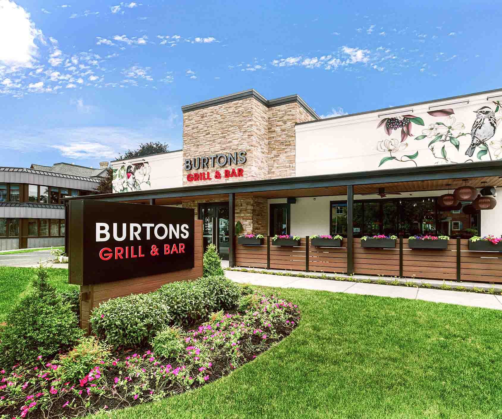 Exterior of Burtons Grill in Wayne, PA.