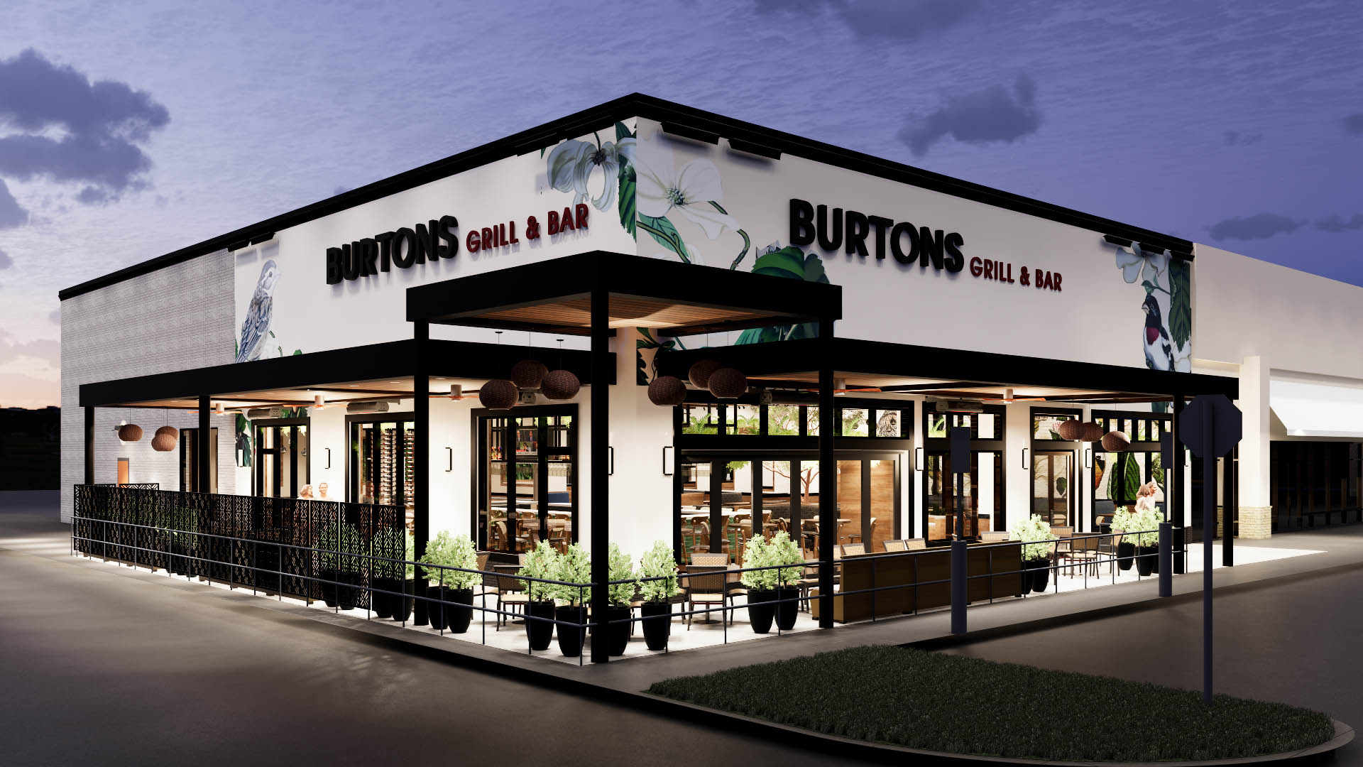 Exterior rendering of Burtons Grill in Bel Air, MD.