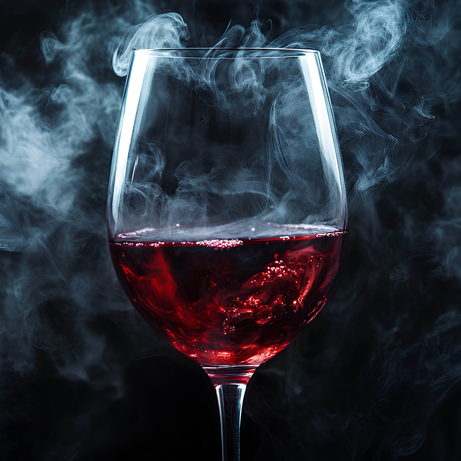 Glass of red wine with fog and black background.