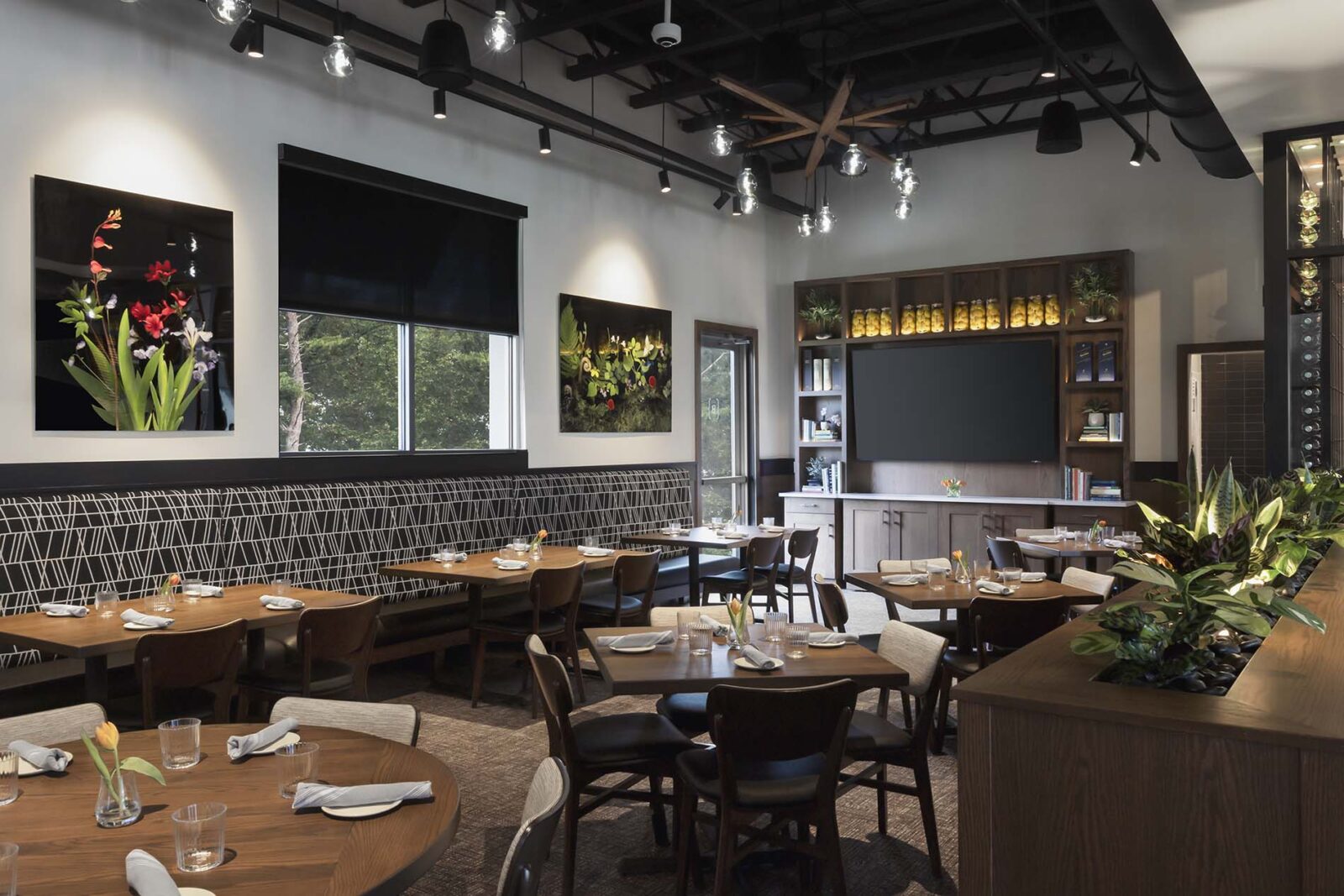 Various tables in the Private Dining Room at Burtons Grill in Mansfield, MA.